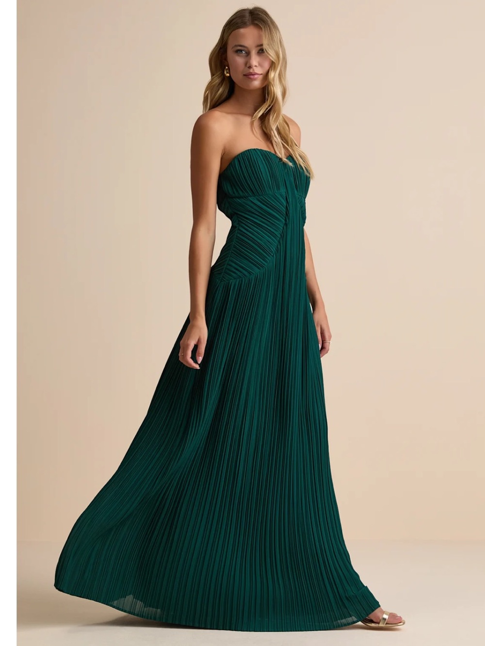 Lulus Narasha Emerald Green Pleated Strapless Chiffon Maxi Dress Event NWT M